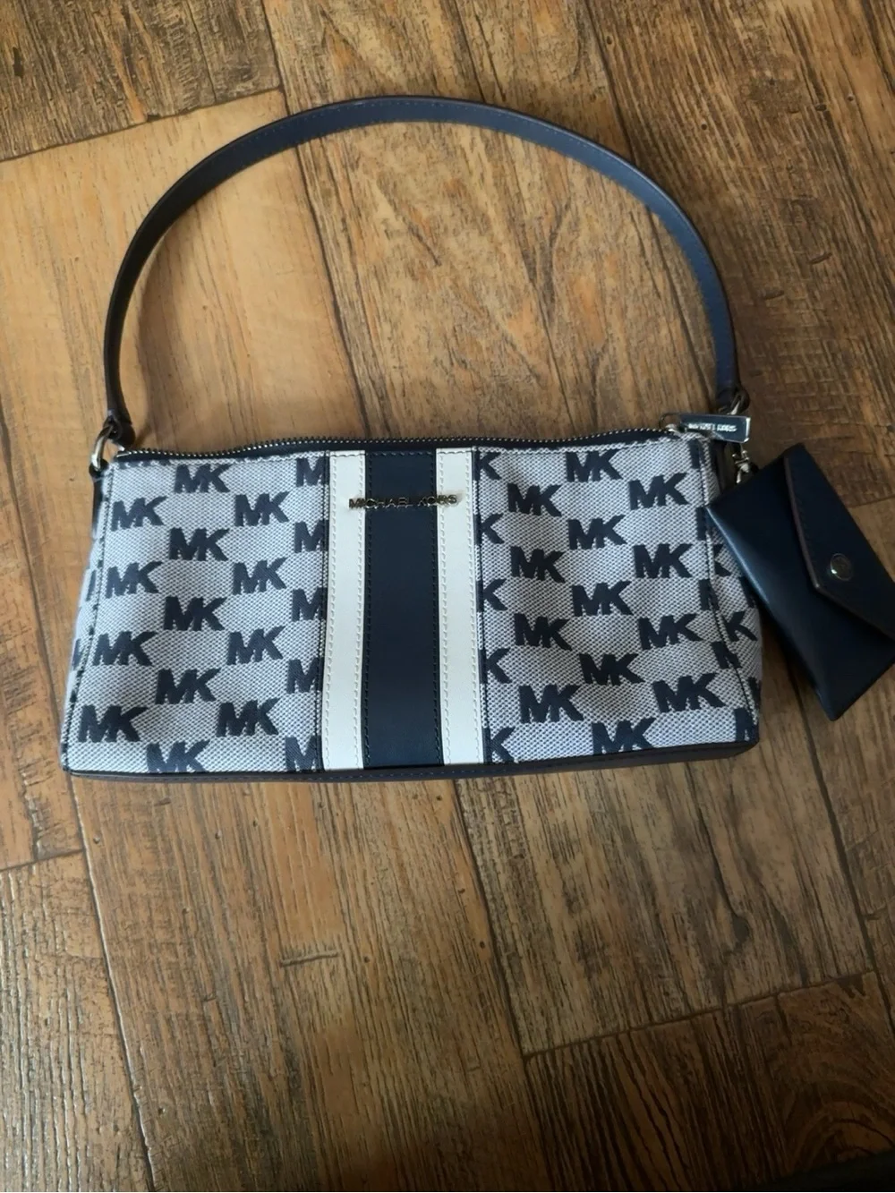 Michael Kors Navy and White MK Monogram Shoulder Bag with Center Stripe